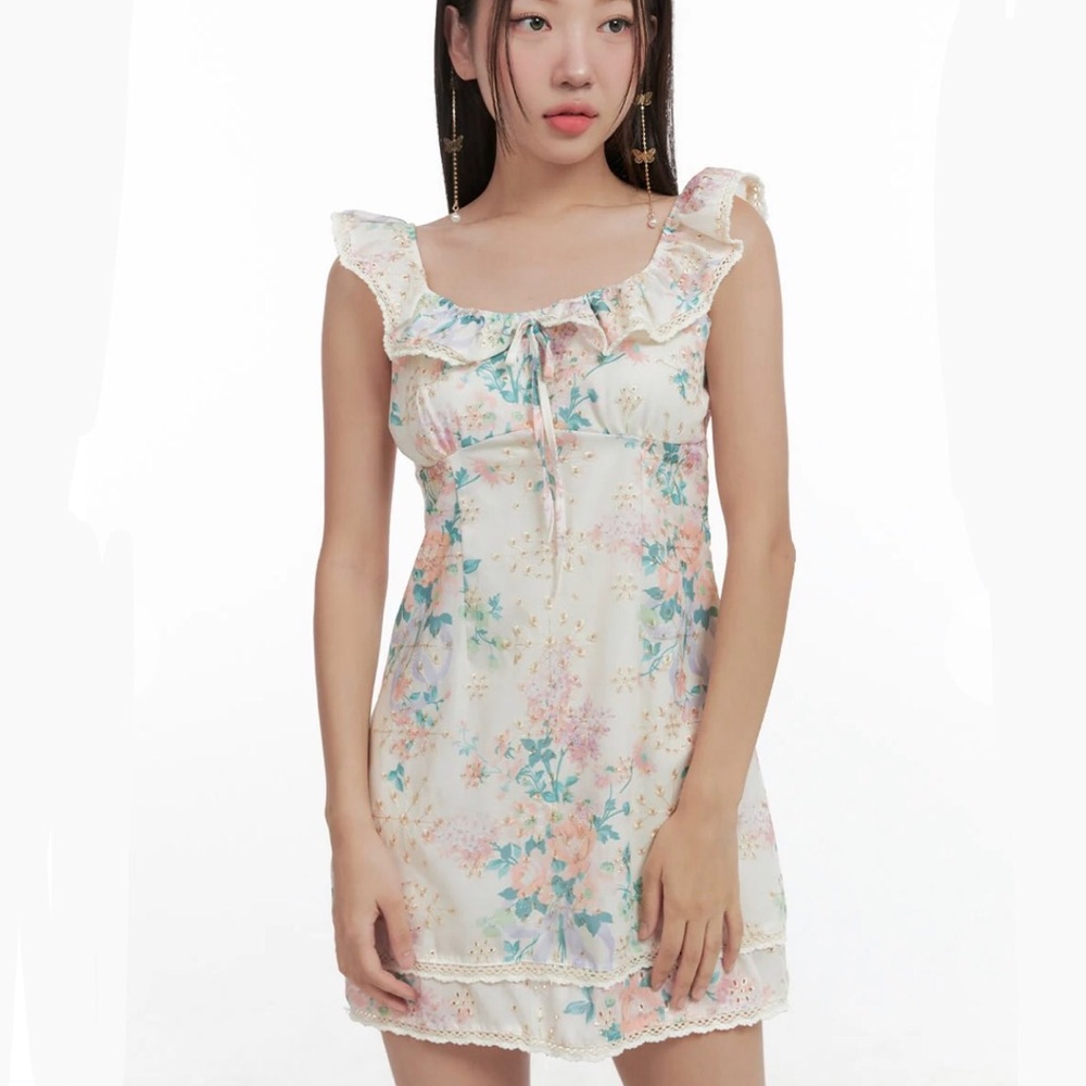 Floral Shirred Eyelet Mini Dress